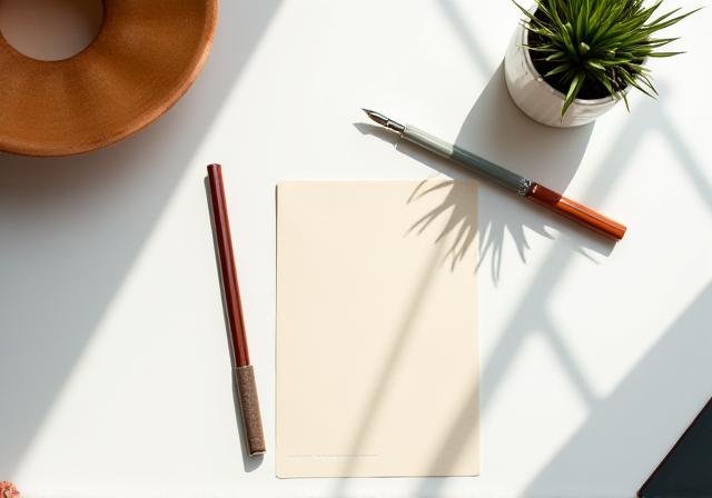 A tranquil workspace with a journal and sunlight, representing personal growth