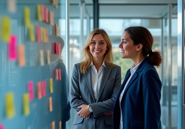 A group of professionals analyzing data on a glass wall during a session