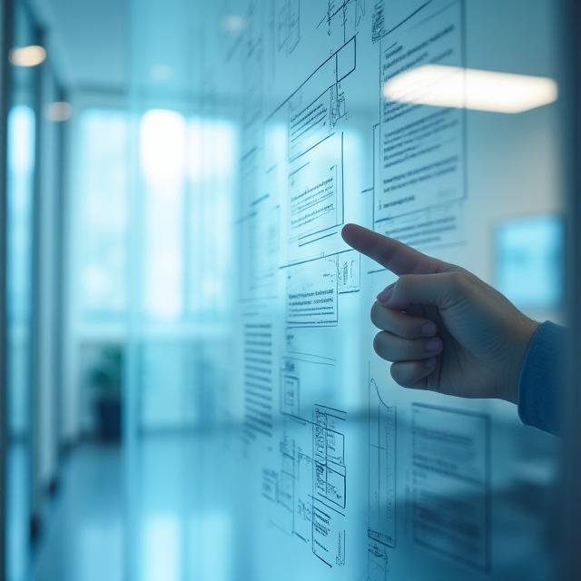 Complex mind map and data on a glass wall